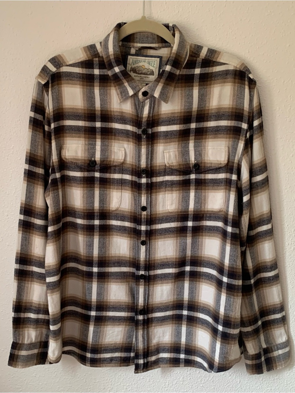 American Eagle Flannel Shirt L Brown Black Cream Plaid Double Pocket